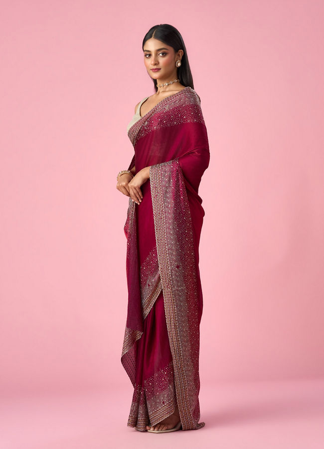 Mohey Women Wine Organza Saree with Stone Work