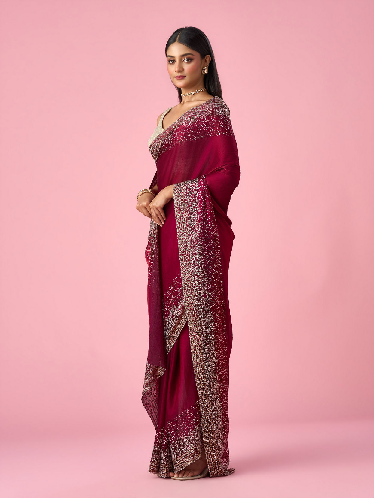Mohey Women Wine Organza Saree with Stone Work