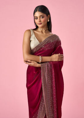 Mohey Women Wine Organza Saree with Stone Work