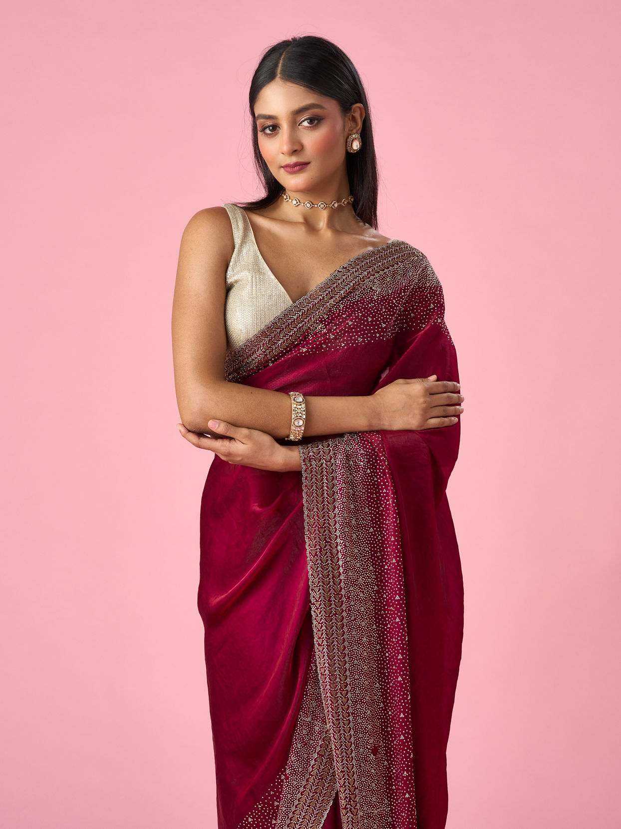 Mohey Women Wine Organza Saree with Stone Work