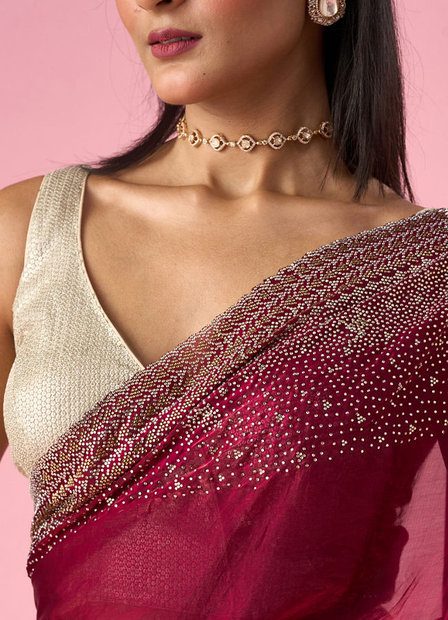Mohey Women Wine Organza Saree with Stone Work