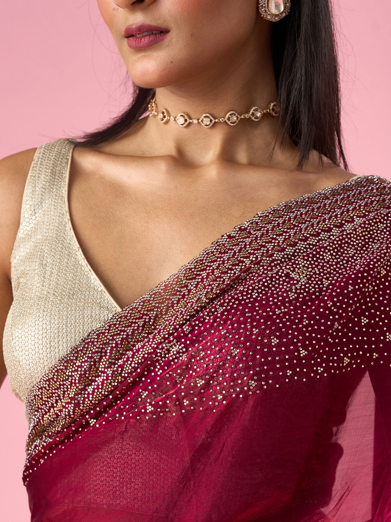 Mohey Women Wine Organza Saree with Stone Work