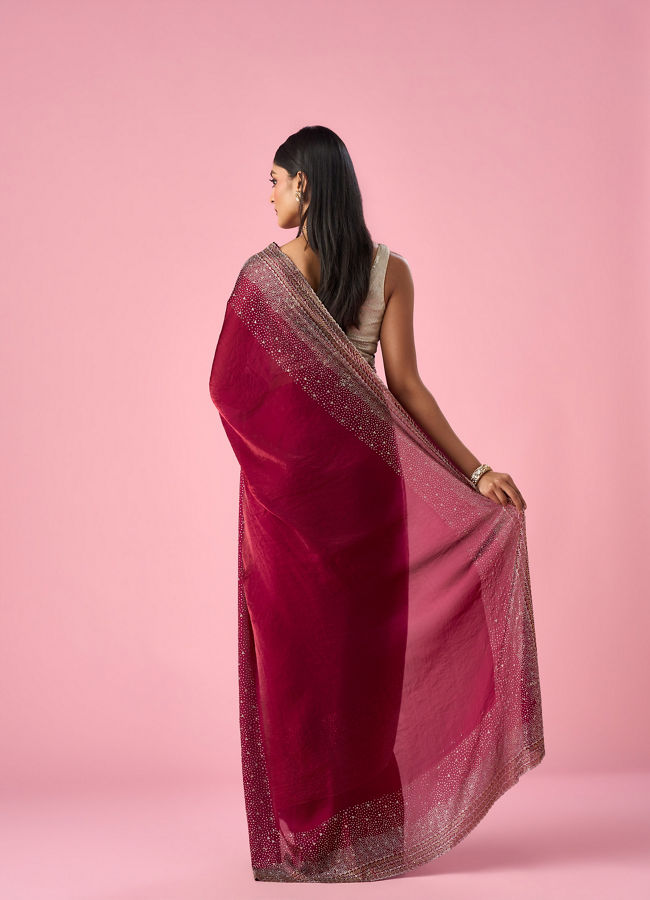 Mohey Women Wine Organza Saree with Stone Work