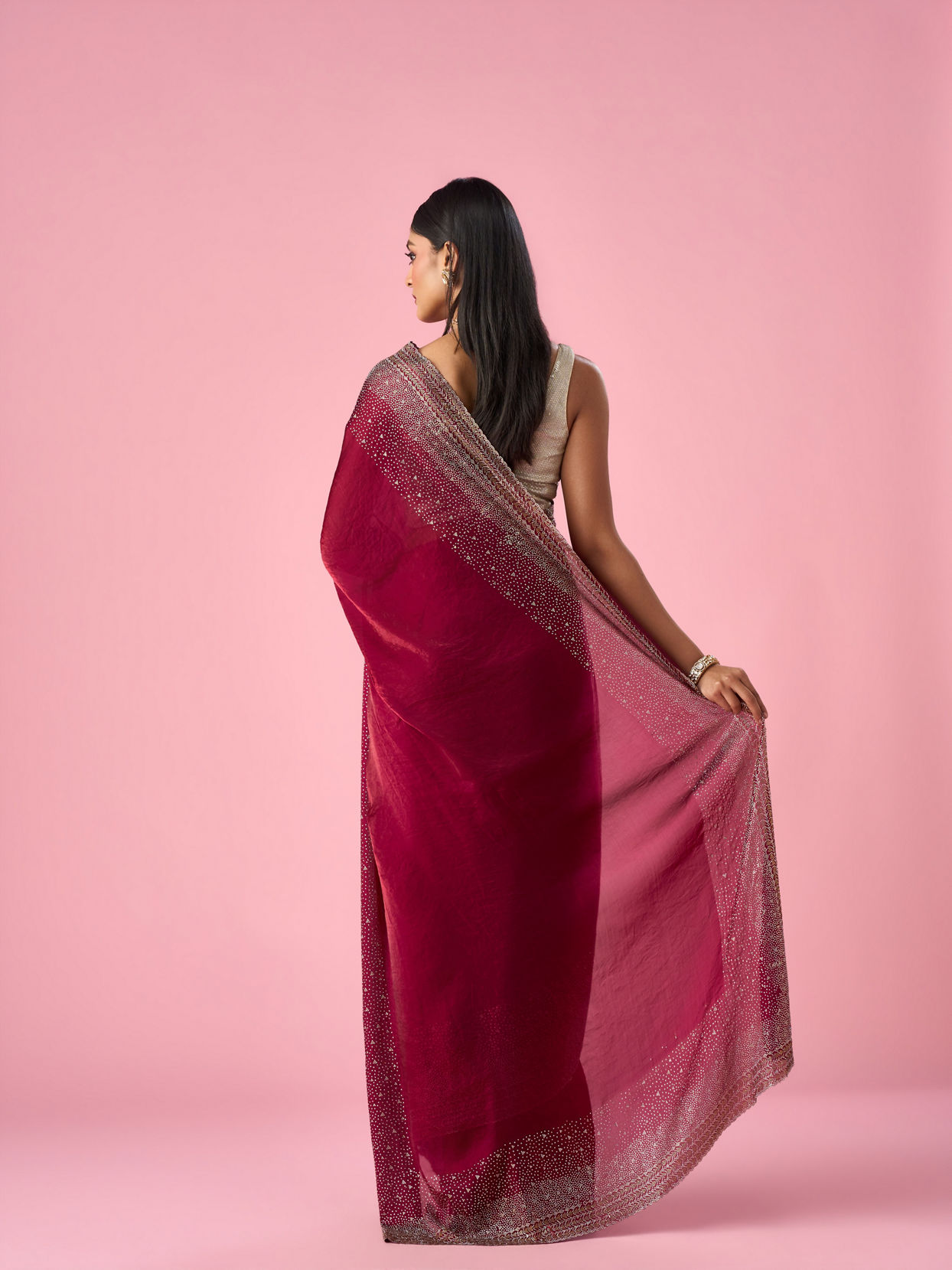 Mohey Women Wine Organza Saree with Stone Work