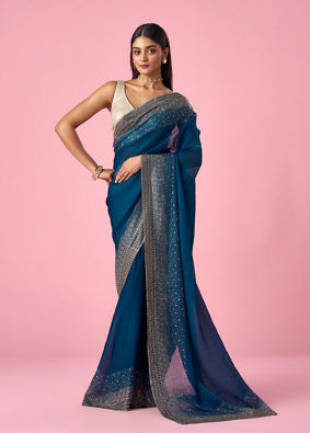 Mohey Women Blue Organza Saree with Stone Work