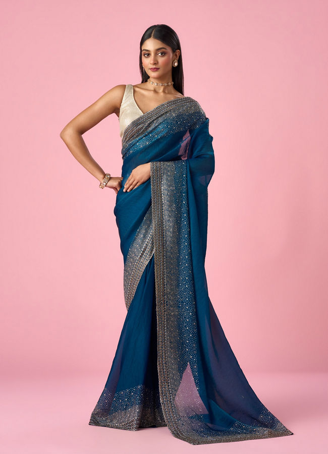 Mohey Women Blue Organza Saree with Stone Work