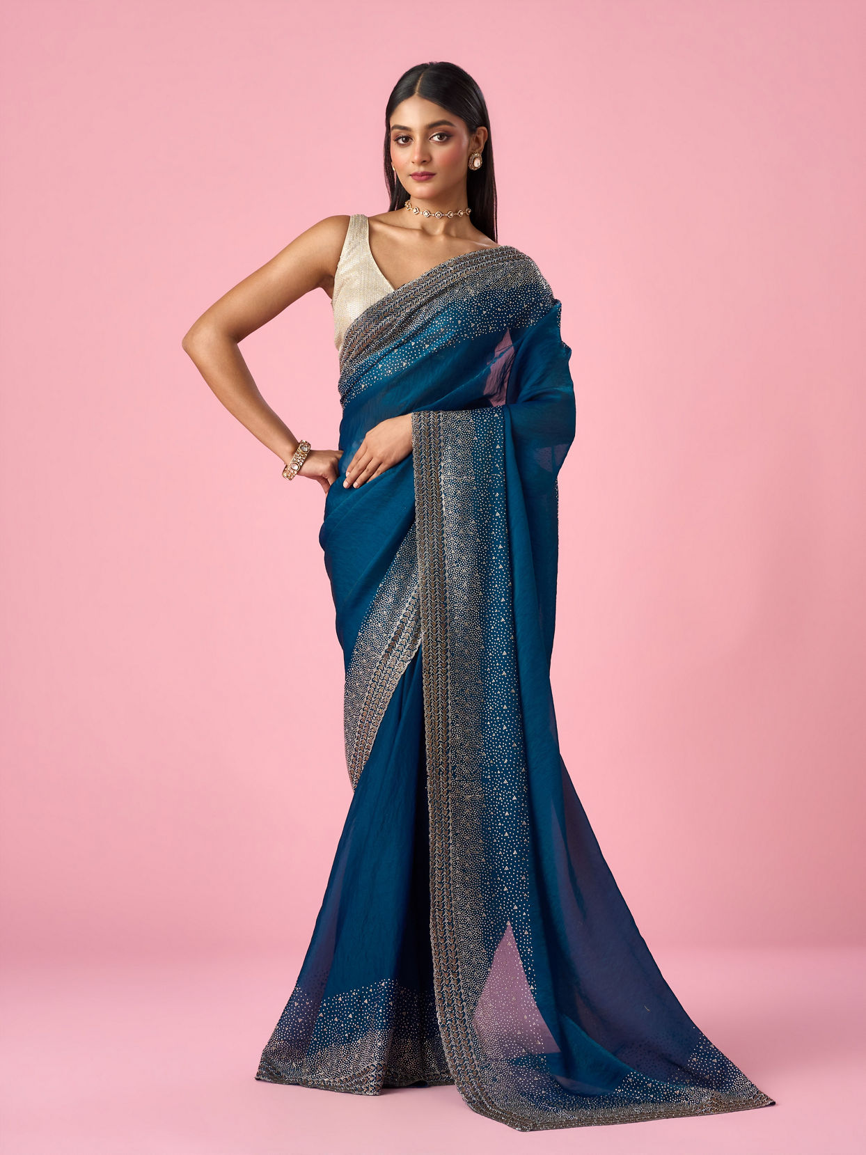Mohey Women Blue Organza Saree with Stone Work
