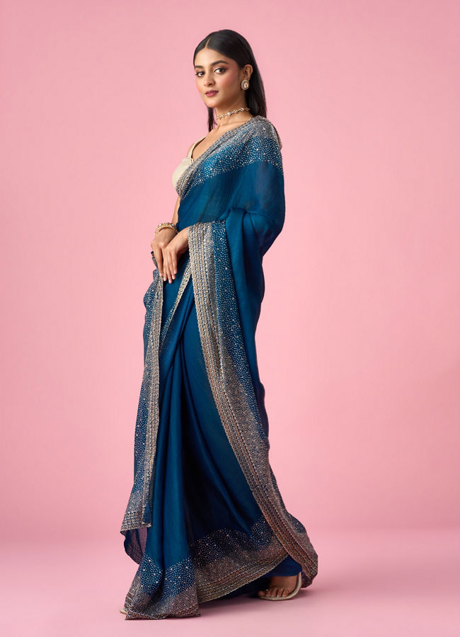 Mohey Women Blue Organza Saree with Stone Work