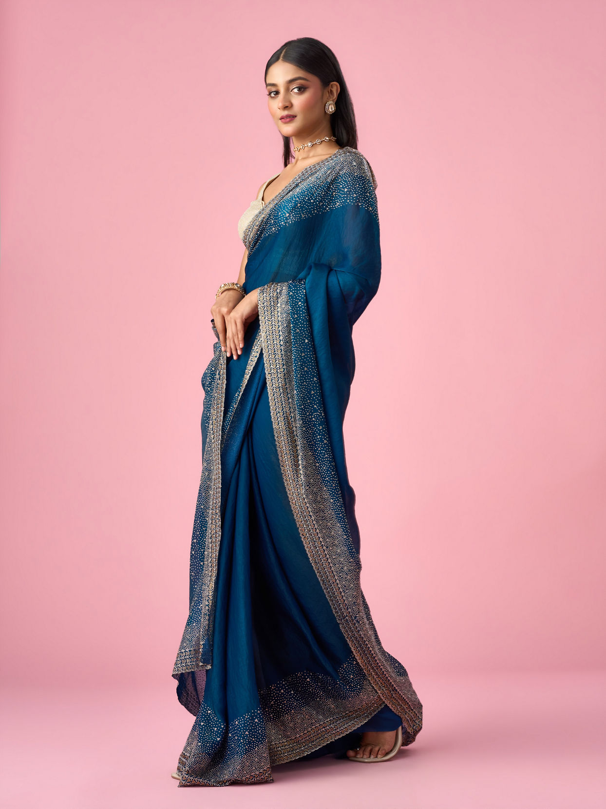 Mohey Women Blue Organza Saree with Stone Work