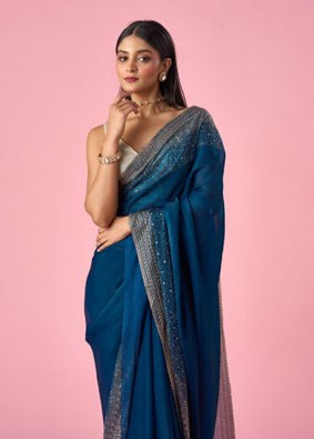 Mohey Women Blue Organza Saree with Stone Work