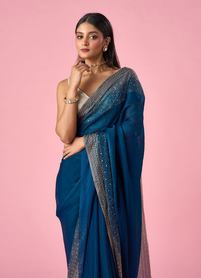 Mohey Women Blue Organza Saree with Stone Work