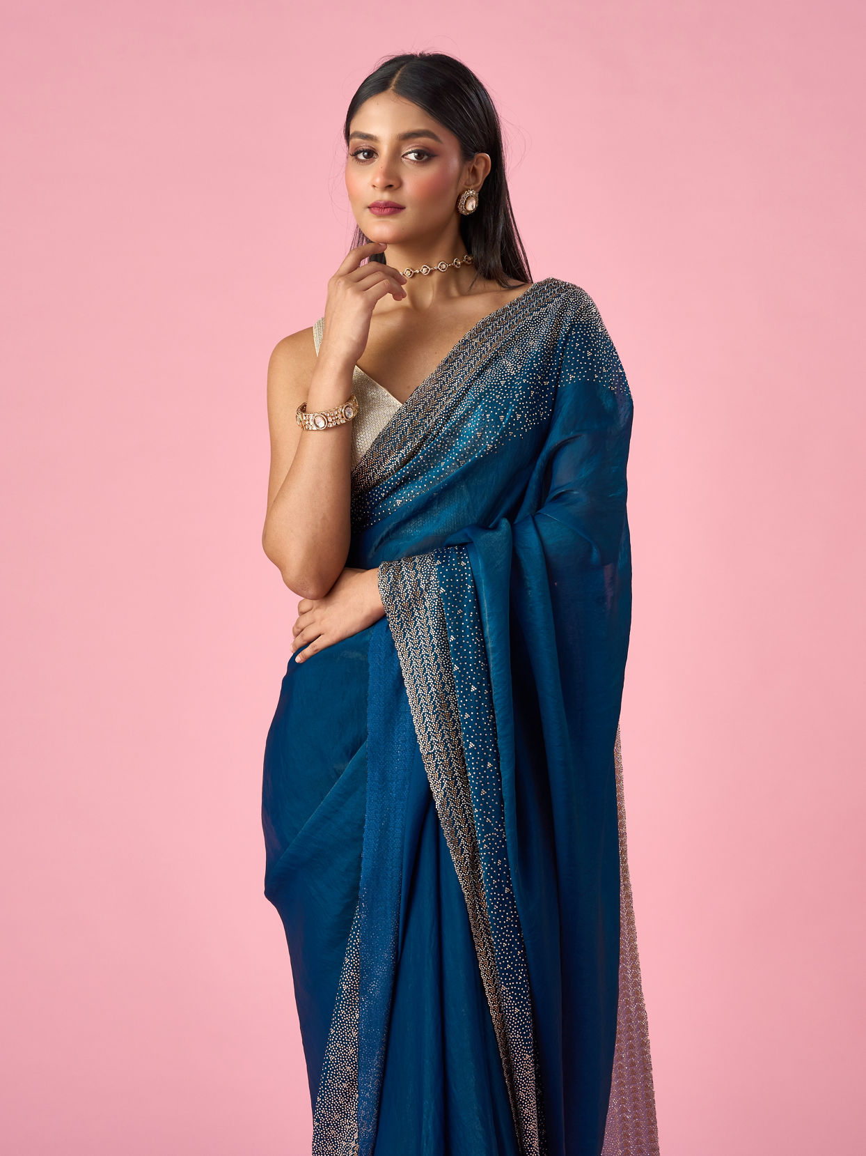 Mohey Women Blue Organza Saree with Stone Work