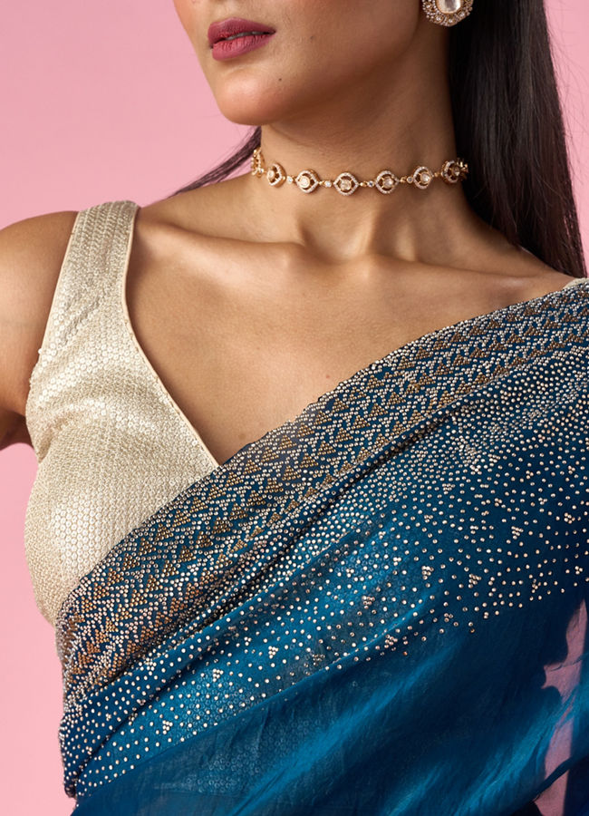 Mohey Women Blue Organza Saree with Stone Work