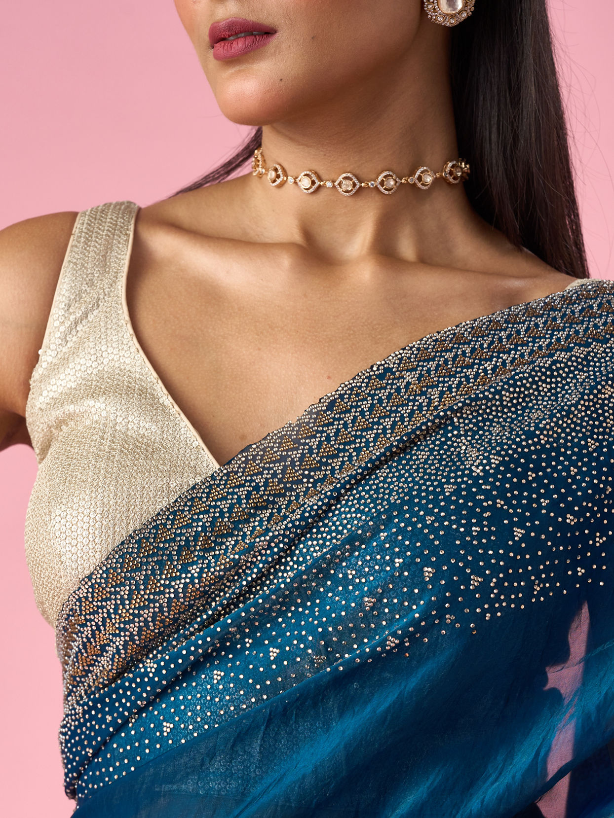 Mohey Women Blue Organza Saree with Stone Work