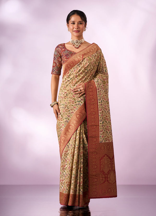Mohey Women Cream Silk Saree with Zari and Sequin Work