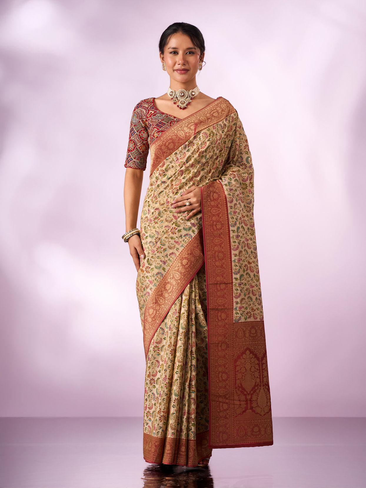 Mohey Women Cream Silk Saree with Zari and Sequin Work