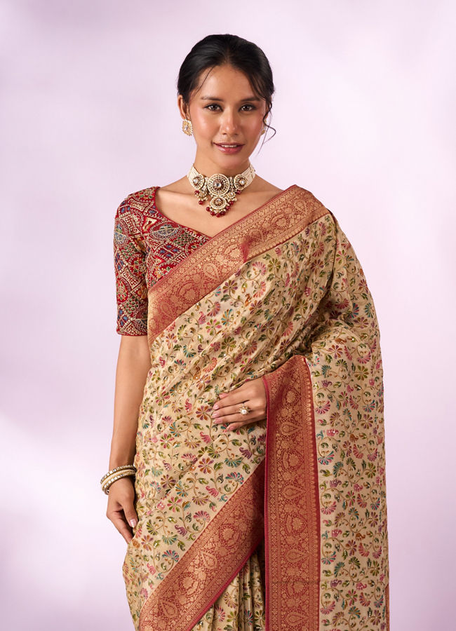 Mohey Women Cream Silk Saree with Zari and Sequin Work