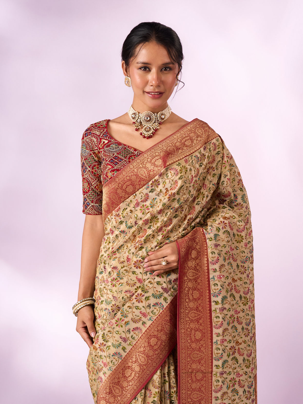 Mohey Women Cream Silk Saree with Zari and Sequin Work