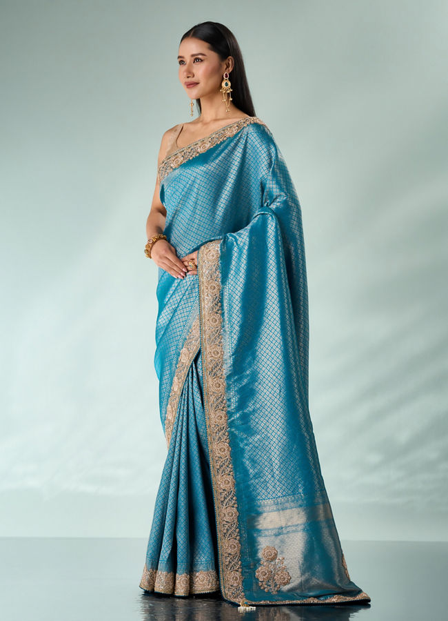 Mohey Women Green Silk Banarasi Saree with Hand Embroidery