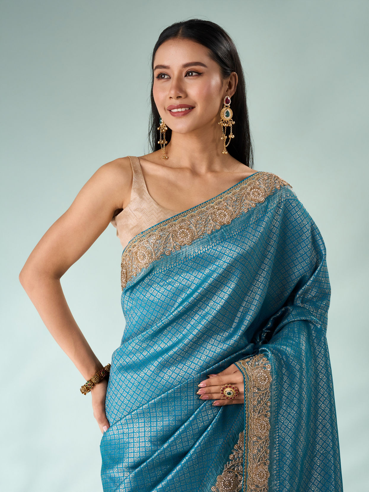 Mohey Women Green Silk Banarasi Saree with Hand Embroidery