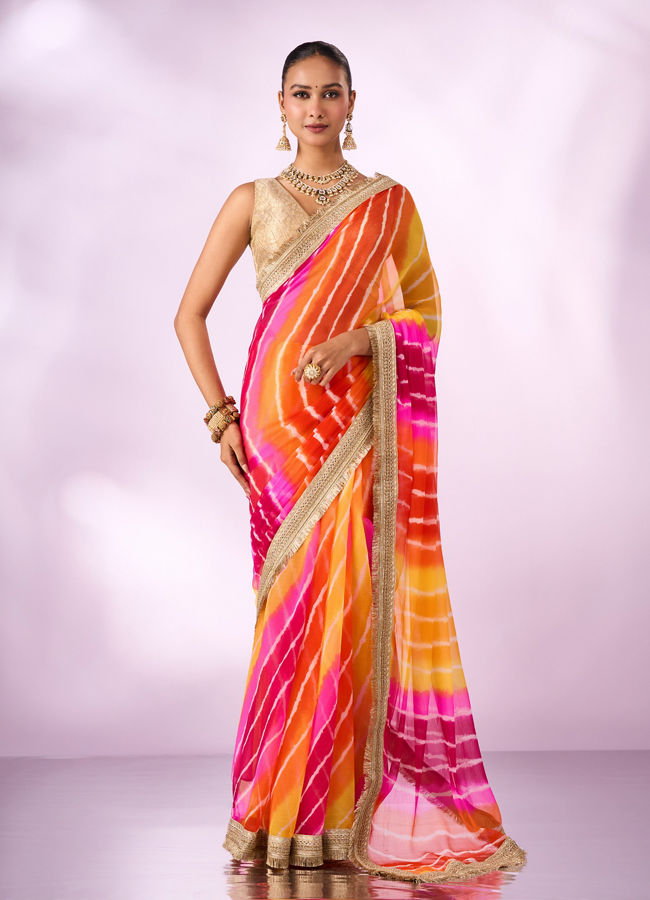 Mohey Women Orange Chiffon Saree with Zari Print