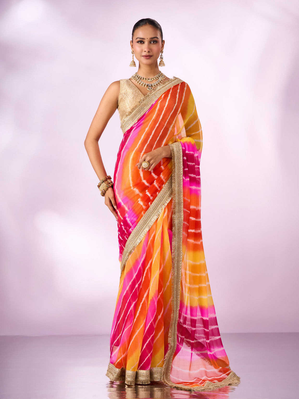 Mohey Women Orange Chiffon Saree with Zari Print