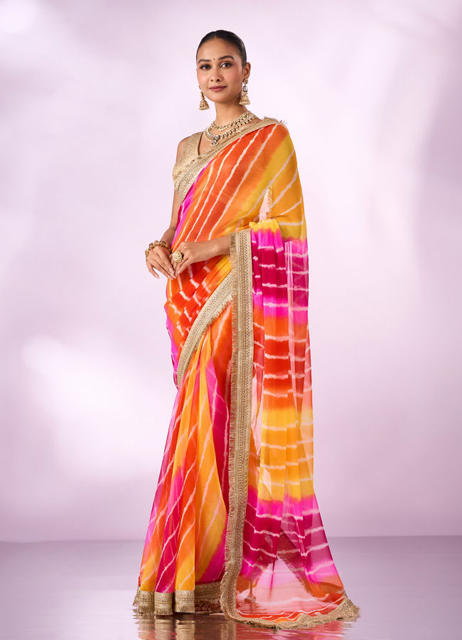 Mohey Women Orange Chiffon Saree with Zari Print