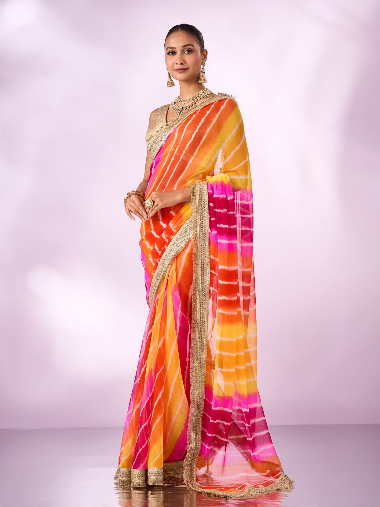 Mohey Women Orange Chiffon Saree with Zari Print