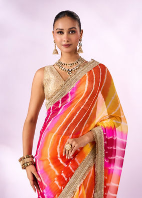 Mohey Women Orange Chiffon Saree with Zari Print