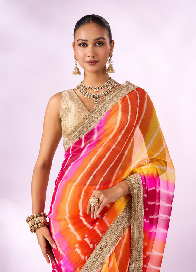 Mohey Women Orange Chiffon Saree with Zari Print