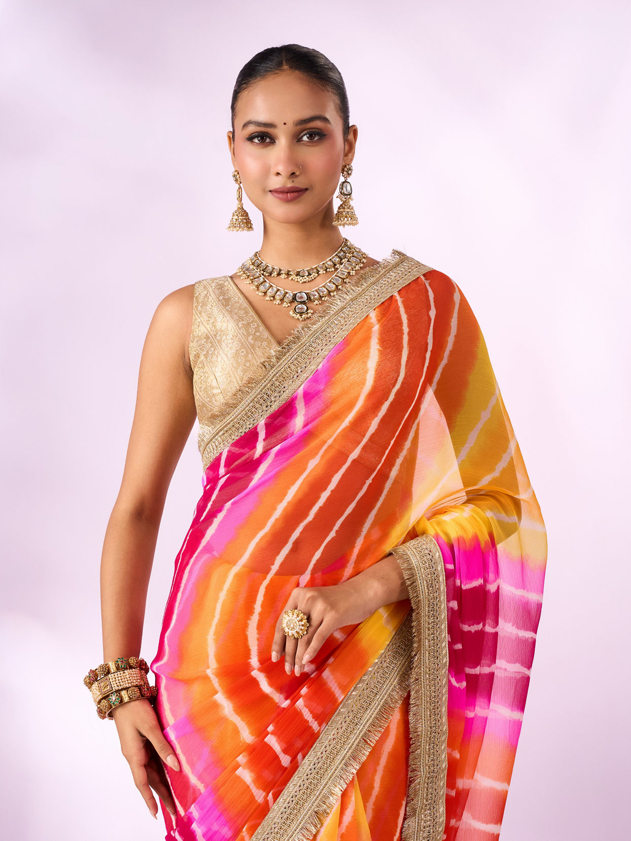 Mohey Women Orange Chiffon Saree with Zari Print