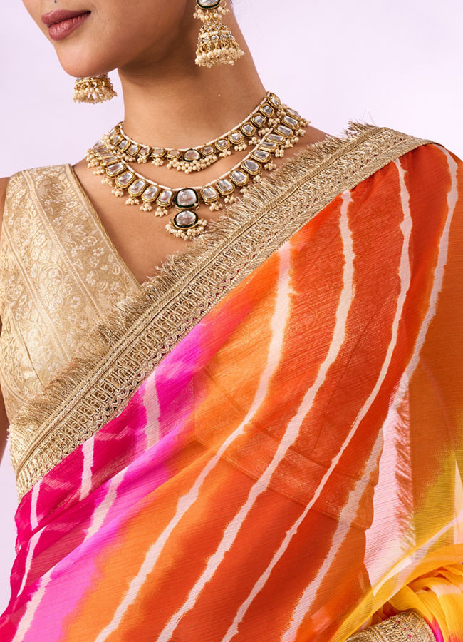 Mohey Women Orange Chiffon Saree with Zari Print
