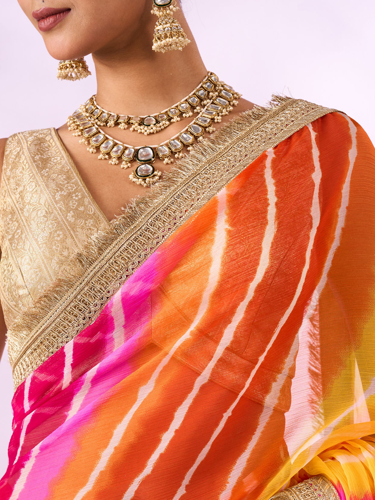 Mohey Women Orange Chiffon Saree with Zari Print