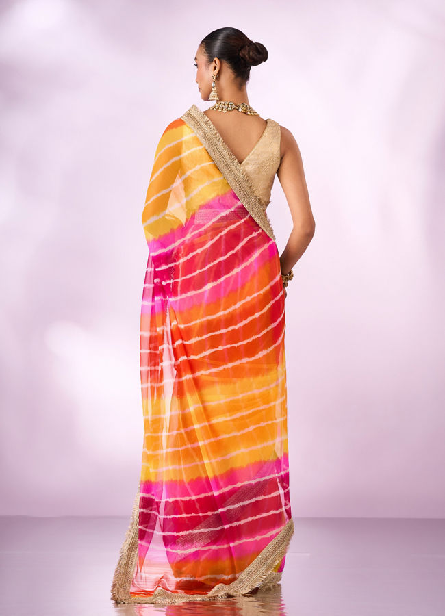 Mohey Women Orange Chiffon Saree with Zari Print