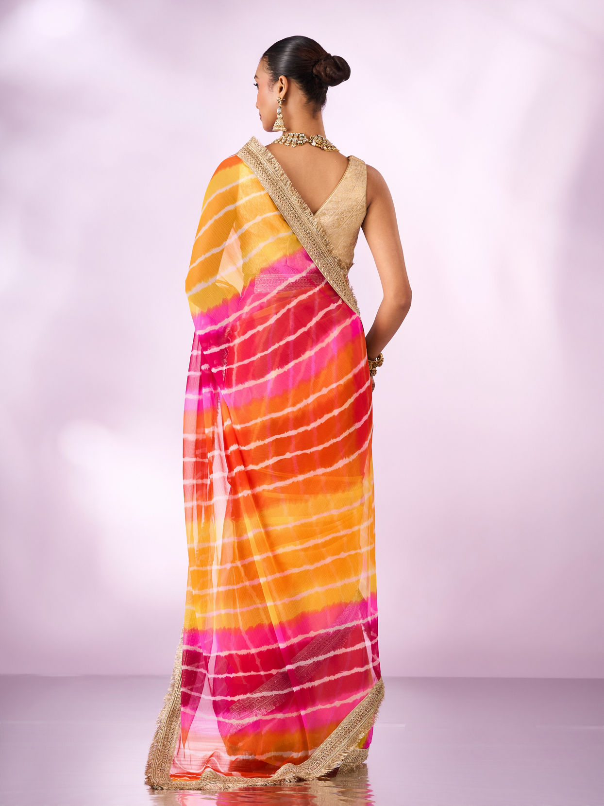 Mohey Women Orange Chiffon Saree with Zari Print