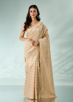 Mohey Women Cream Silk Saree with Weave