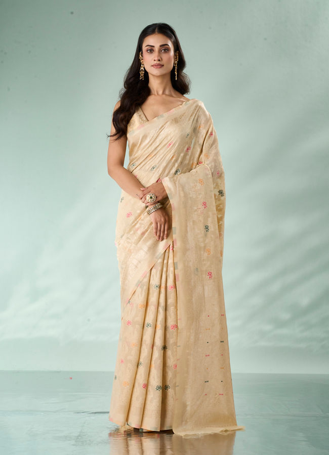 Mohey Women Cream Silk Saree with Weave