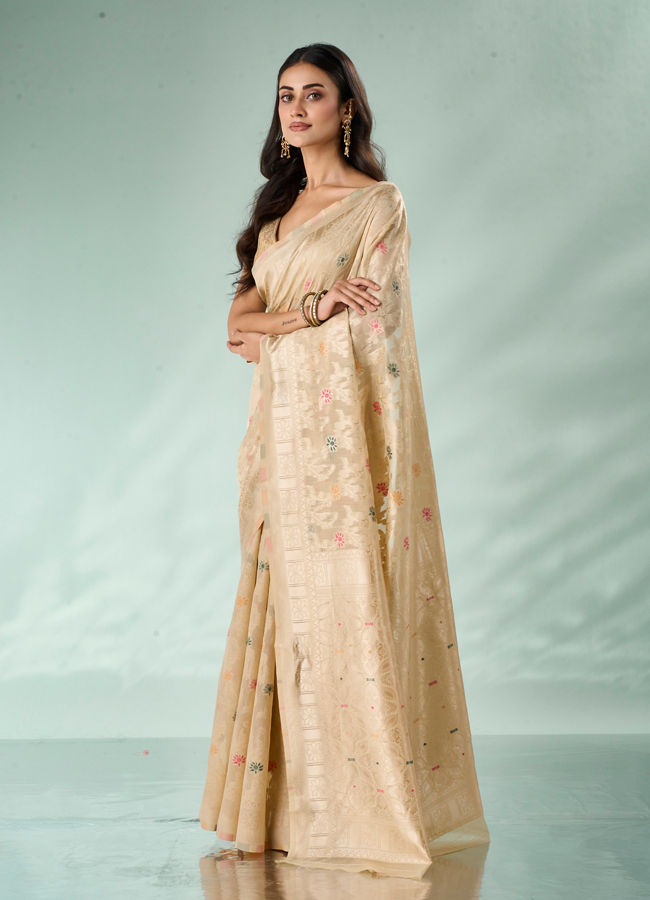Mohey Women Cream Silk Saree with Weave