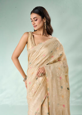 Mohey Women Cream Silk Saree with Weave
