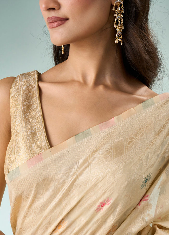 Mohey Women Cream Silk Saree with Weave
