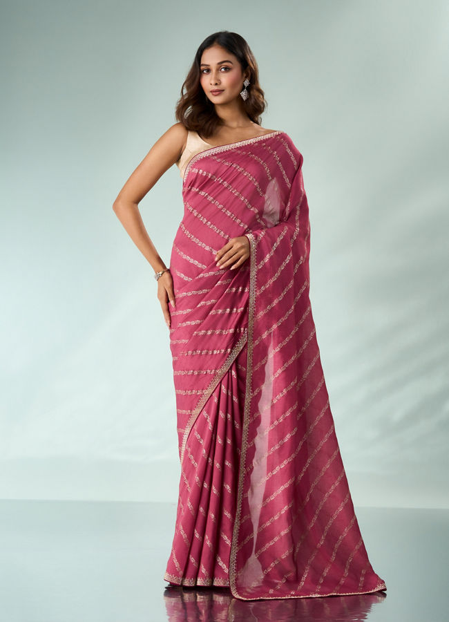 Mohey Women Pink Art Silk Saree with Stone Work