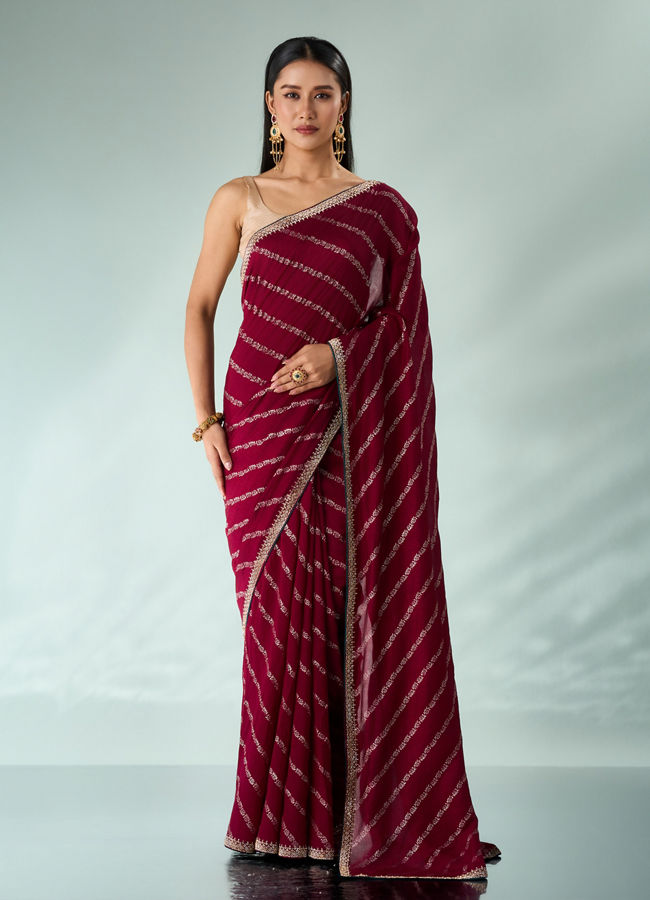 Mohey Women Wine Silk Saree with Print and Stone Work