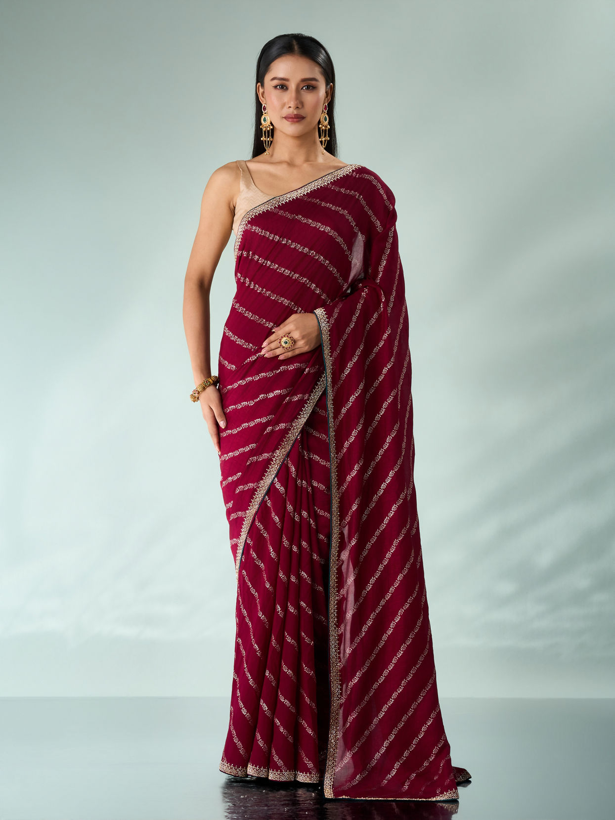 Mohey Women Wine Silk Saree with Print and Stone Work