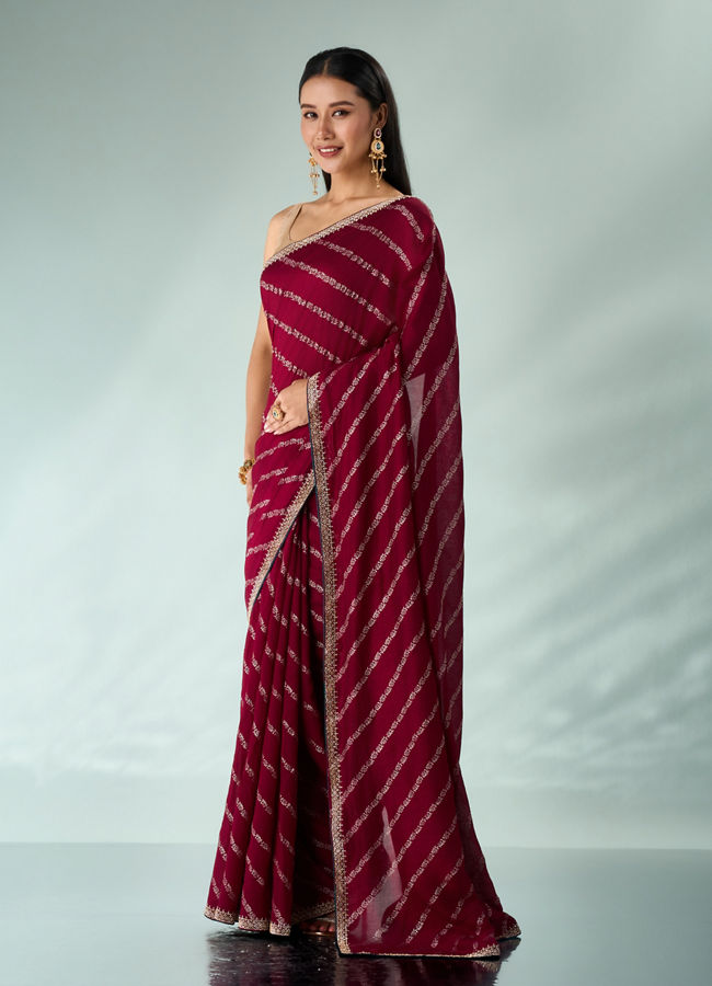 Mohey Women Wine Silk Saree with Print and Stone Work