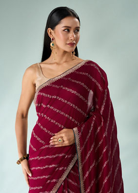 Mohey Women Wine Silk Saree with Print and Stone Work