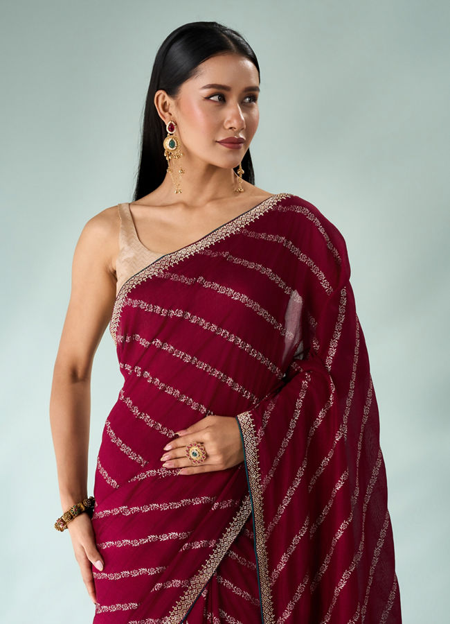 Mohey Women Wine Silk Saree with Print and Stone Work