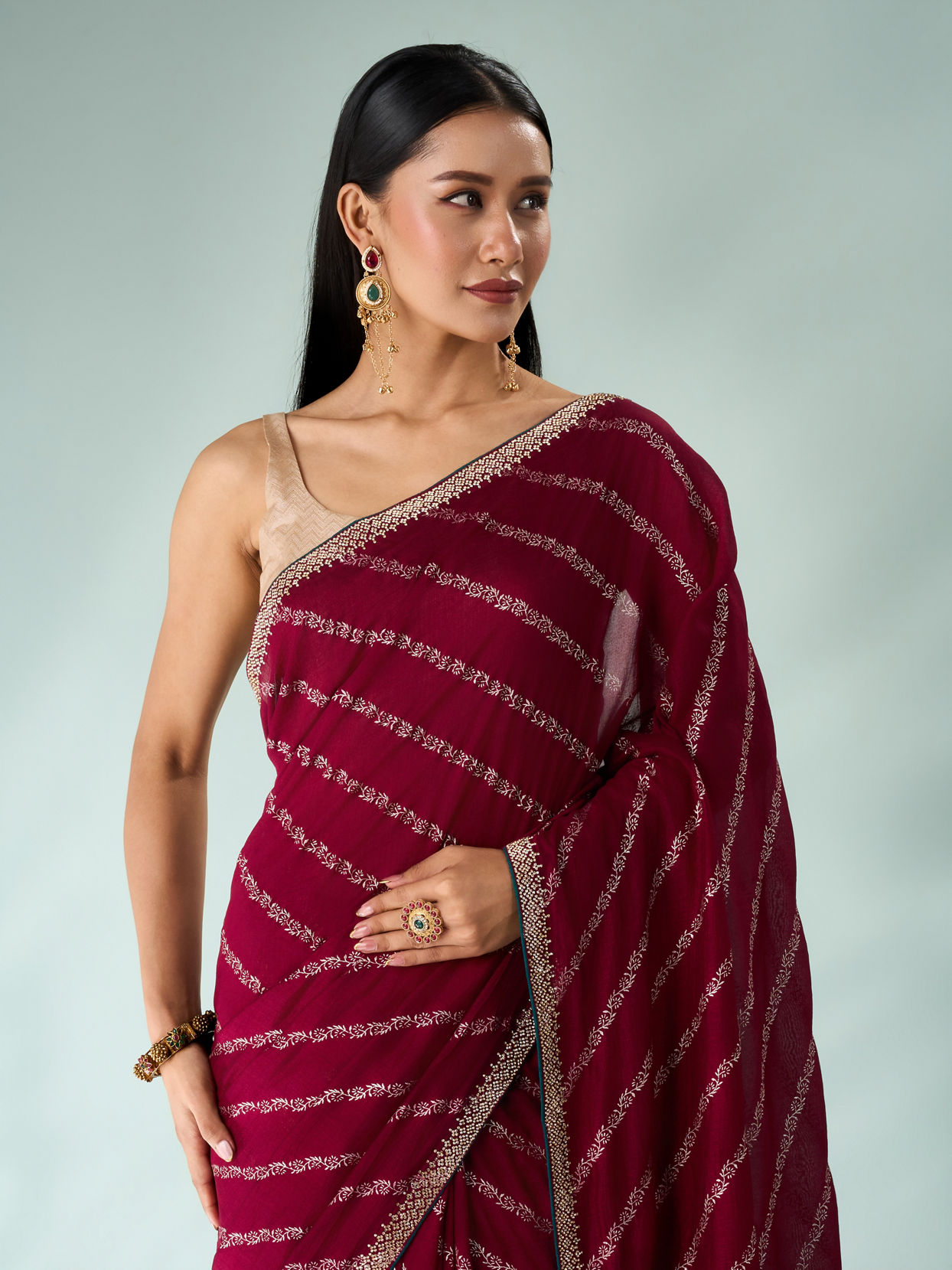 Mohey Women Wine Silk Saree with Print and Stone Work