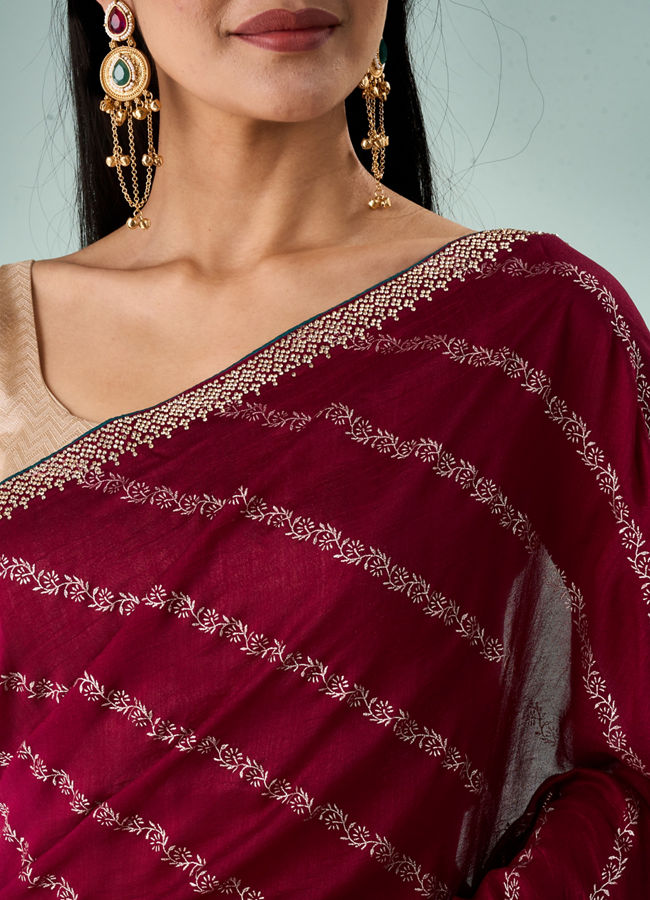 Mohey Women Wine Silk Saree with Print and Stone Work