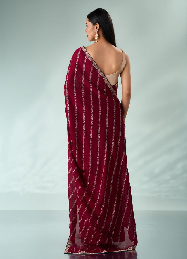 Mohey Women Wine Silk Saree with Print and Stone Work