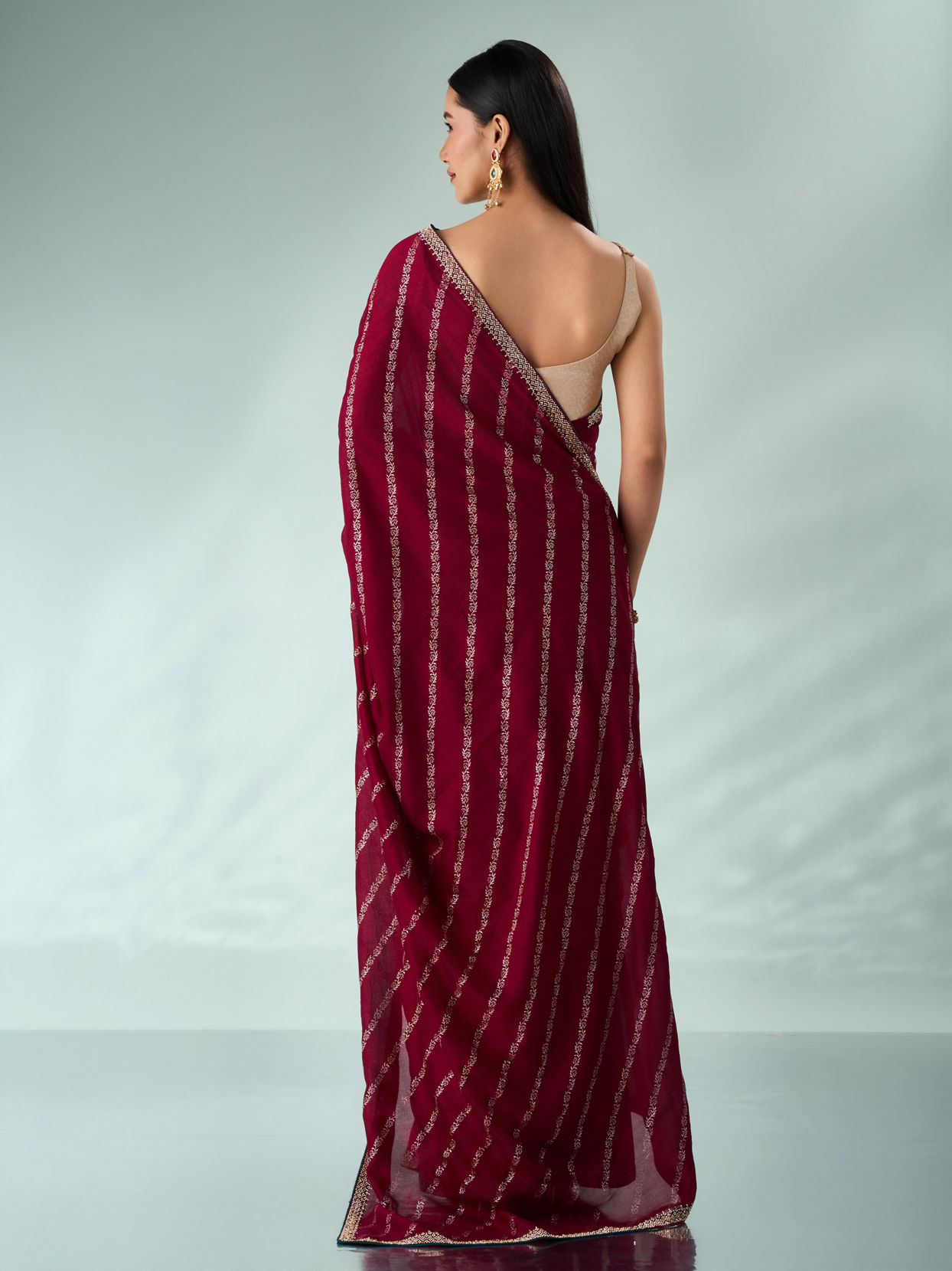 Mohey Women Wine Silk Saree with Print and Stone Work